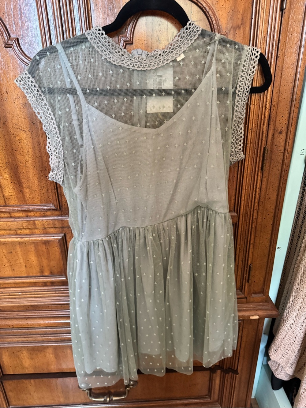 POL Lace-Trim Sheer Dress in Sage
